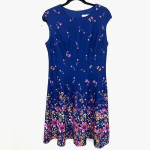 London Times Cobalt Blue Floral Fit and Flare‎ Dress 10P 10 Petite Medium